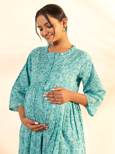 Sea Green Cotton Floral Printed Kurta with Palazzo